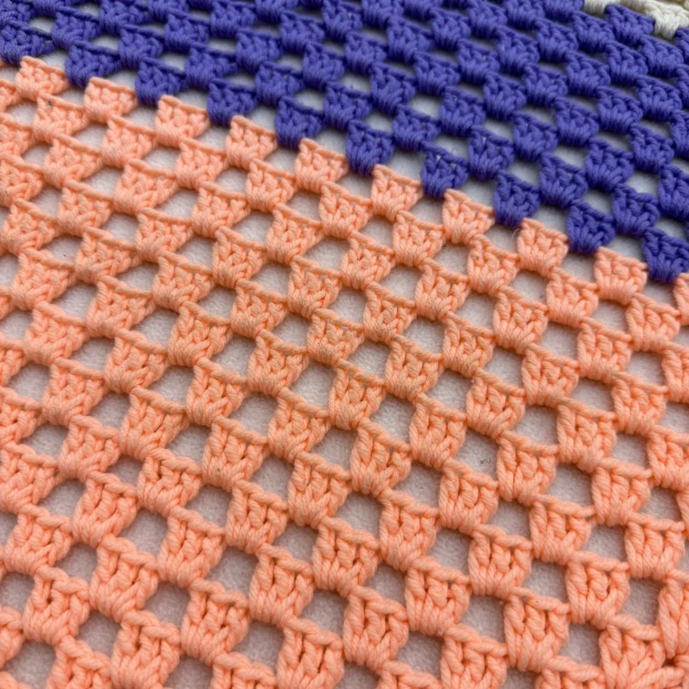 Handmade Crochet Granny Square Blanket Peach Purple Cream Colorblock Throw 45x43